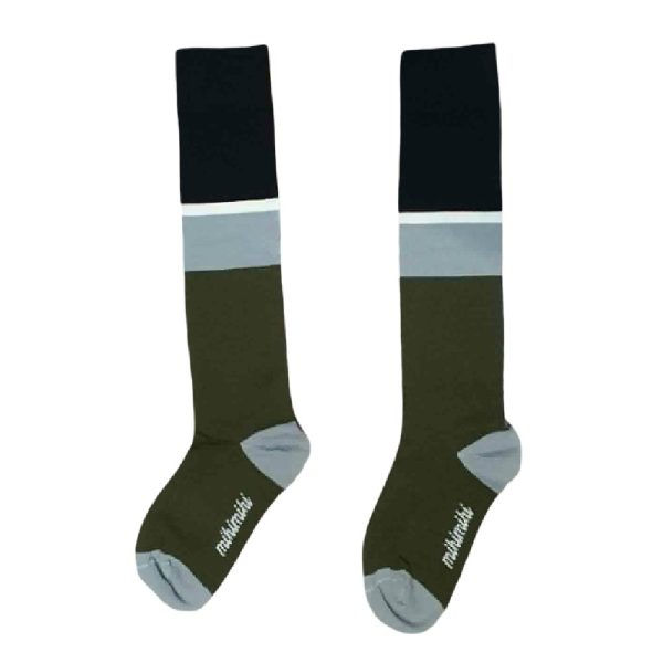 Κάλτσες unisex ψηλές με ρίγες χρώμα λαδί και μαύρο προφίλ